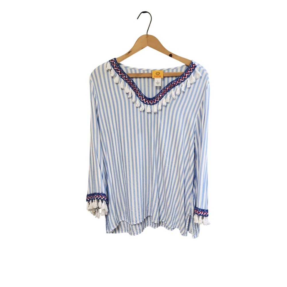 Ruby Rd Womens Large Blue White Striped Tassel Tunic Top Embroidered V-Neck